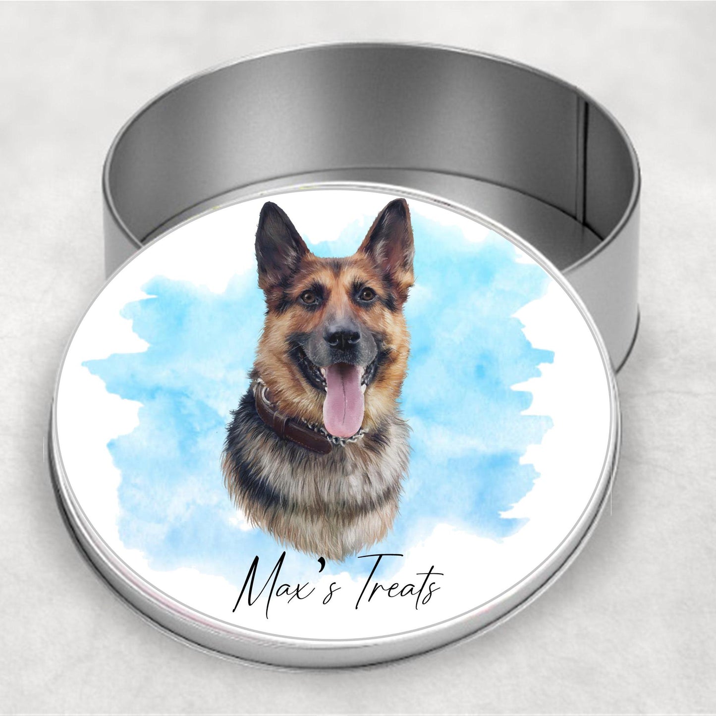 Personalised German Shepherd Treat Tin: Dog Biscuit Storage