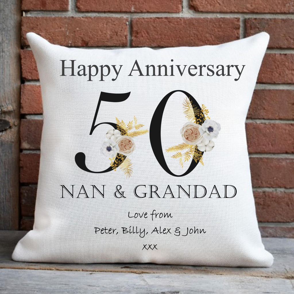 personalised 50th Anniversary Cushion: Gold Floral Keepsake Gift