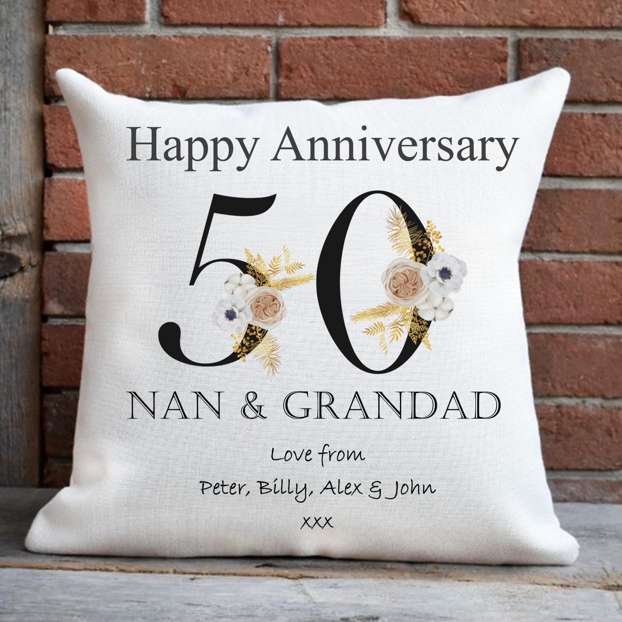 personalised 50th Anniversary Cushion: Gold Floral Keepsake Gift