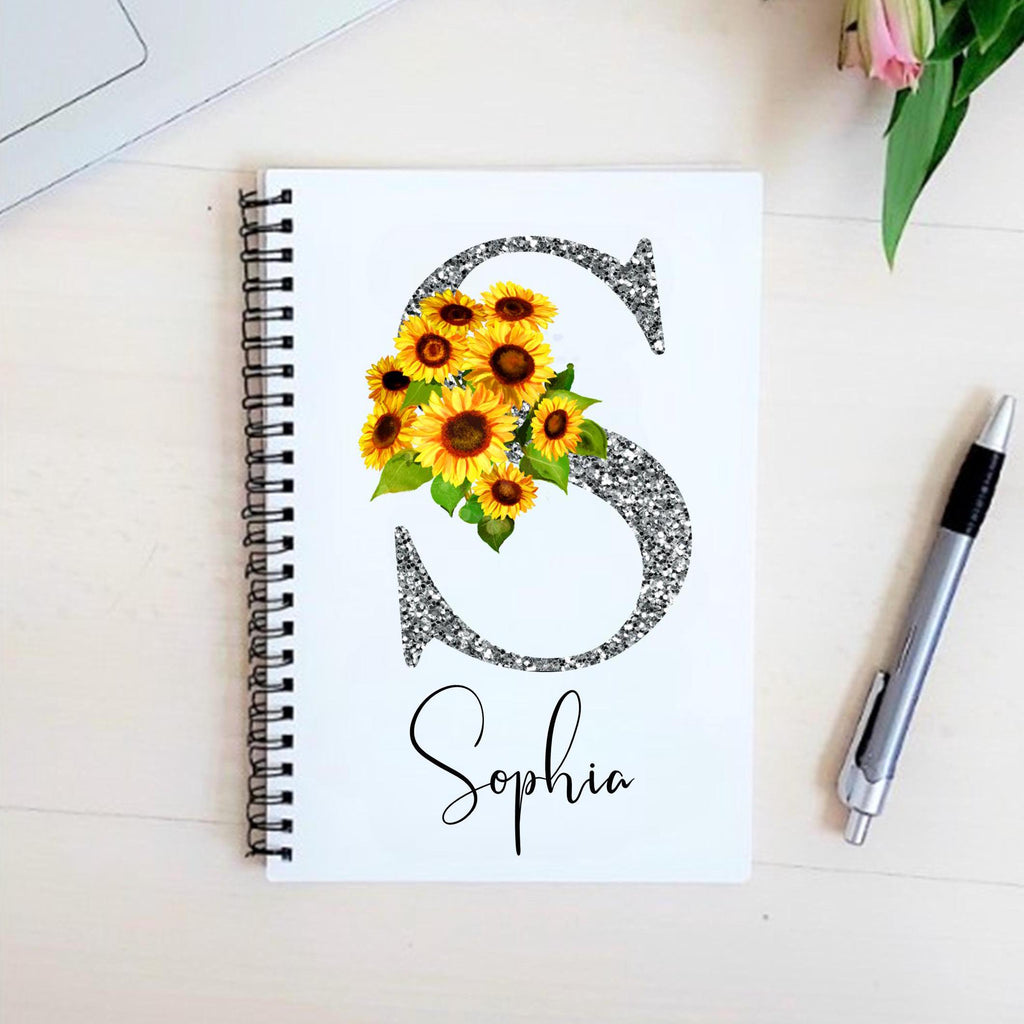 personalised Sunflower Initial Notebook: Monogram A5 Lined Journal