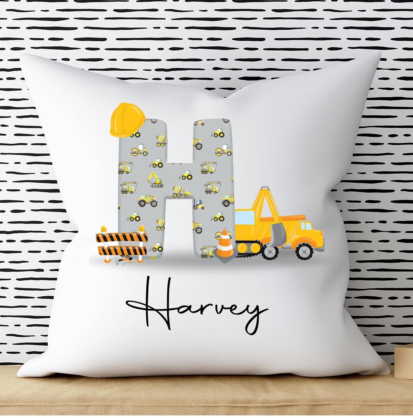 Personalised Boys’ Construction Digger Cushion – Custom Name Pillow