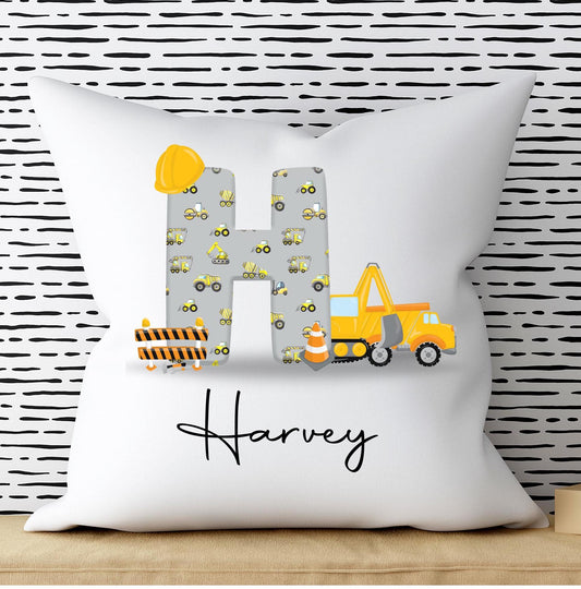 Personalised Boys’ Construction Digger Cushion – Custom Name Pillow
