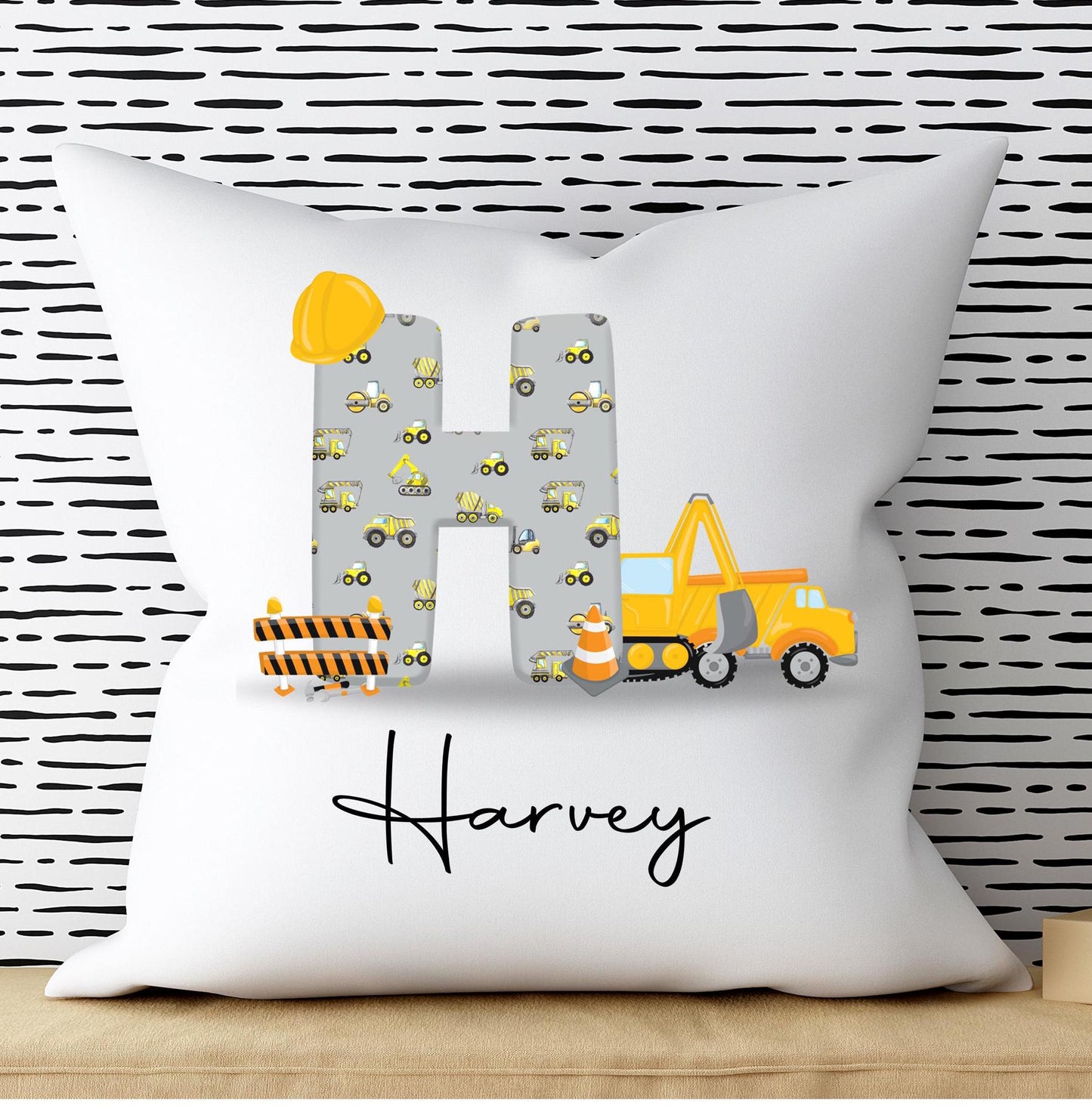 Personalised Construction Alphabet Cushion: Boys Bedroom Decor