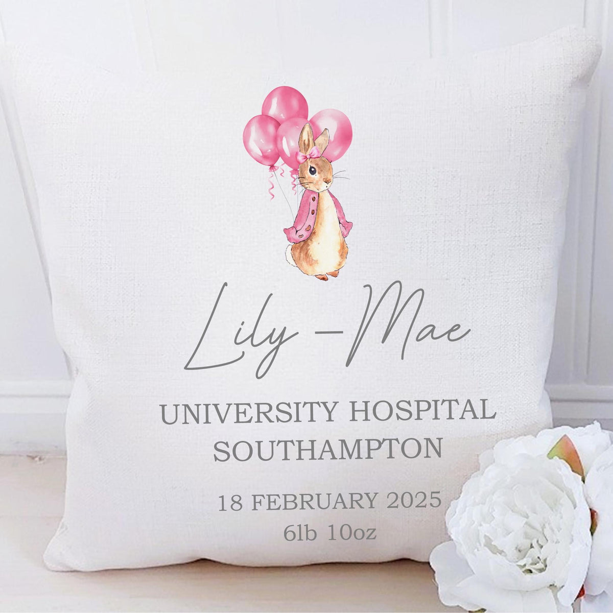 Personalised Flopsy Rabbit New Baby Girl Cushion