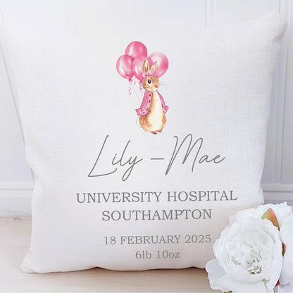 personalised Flopsy Rabbit New Baby Girl Cushion: Keepsake Nursery Decor