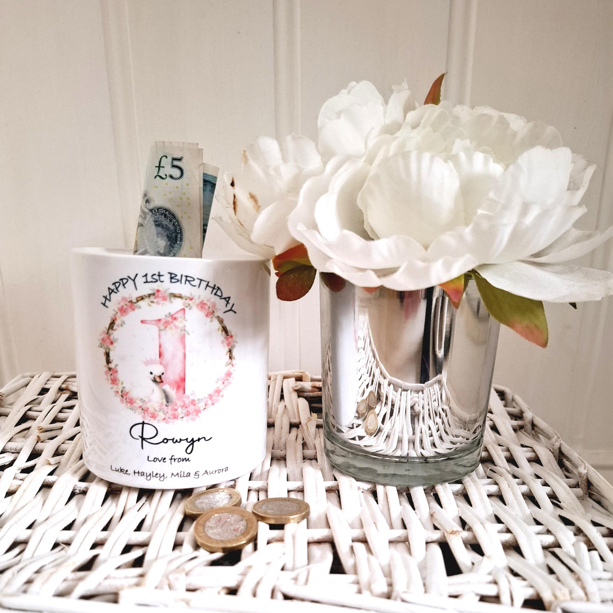 Personalised 1st birthday Swan Money Box - Baby Girl's 1st Birthday Gift, baby's first birthday keepsake present