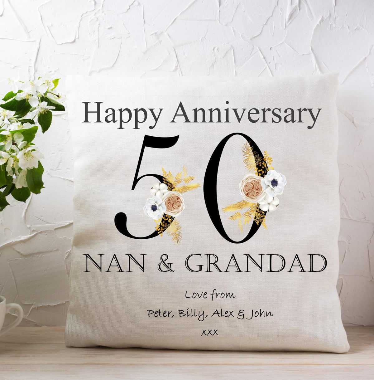 personalised 50th Anniversary Cushion: Gold Floral Keepsake Gift