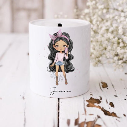 personalised Ceramic Money Box: Stylish Teen Girl Illustration