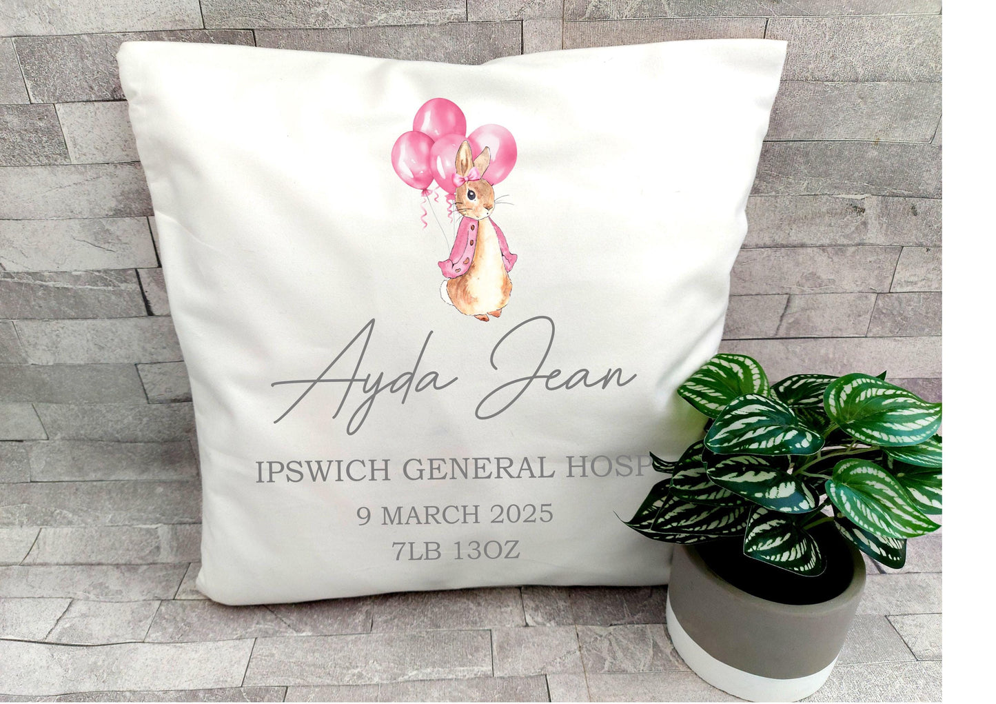 personalised Flopsy Rabbit New Baby Girl Cushion: Keepsake Nursery Decor