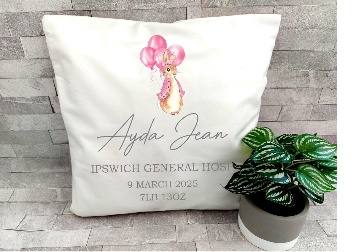 Personalised Flopsy Rabbit New Baby Girl Cushion
