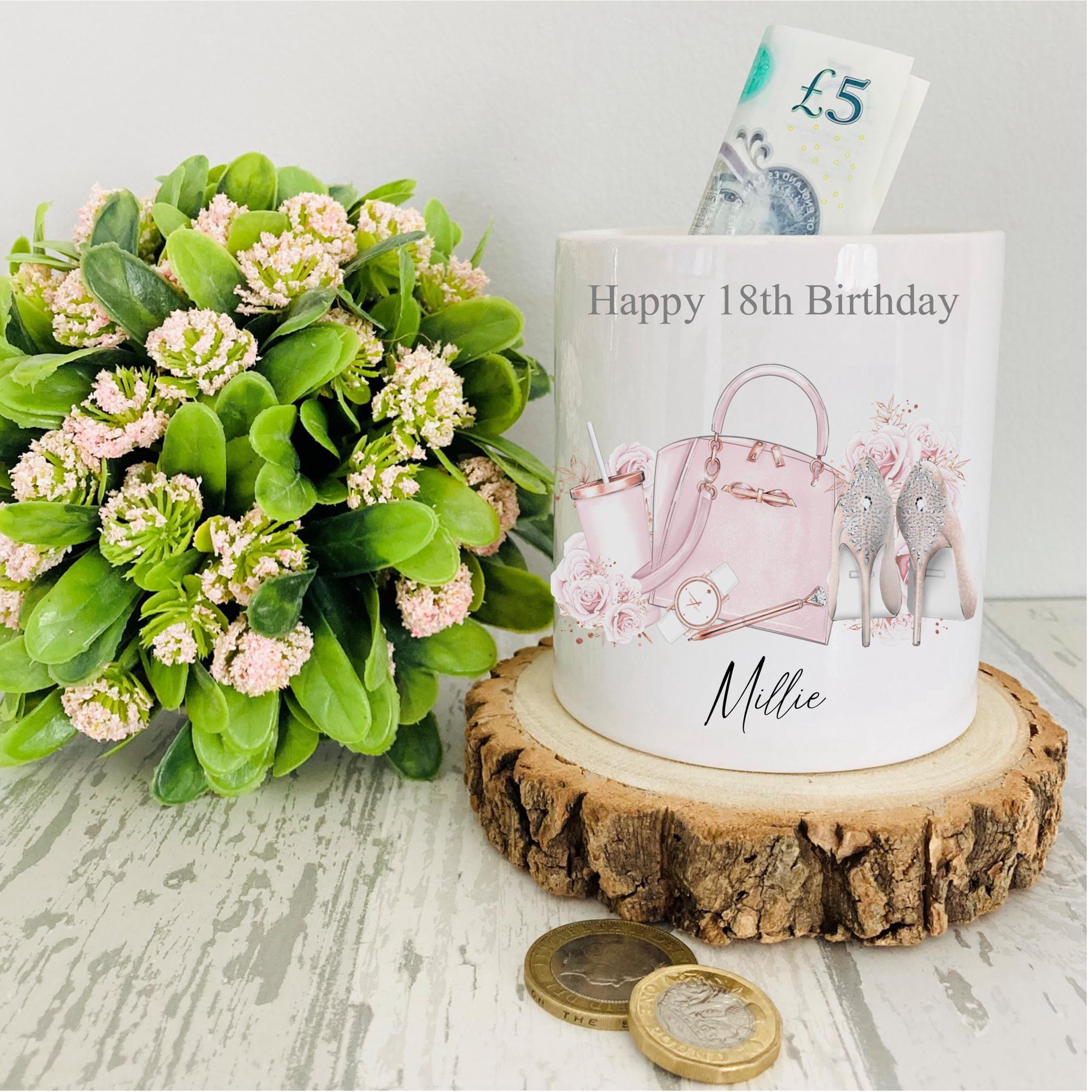 personalised 18th Birthday Ceramic Money Box: Handbag & Heels Design
