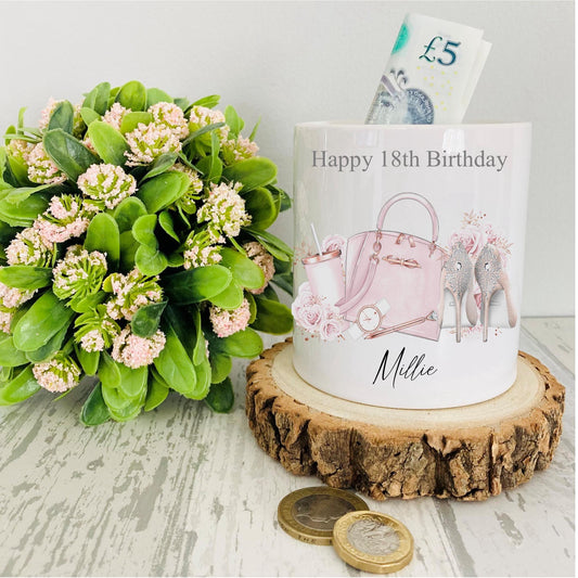 Personalised 18th Birthday Money Box with Pink Handbag & Heels Design