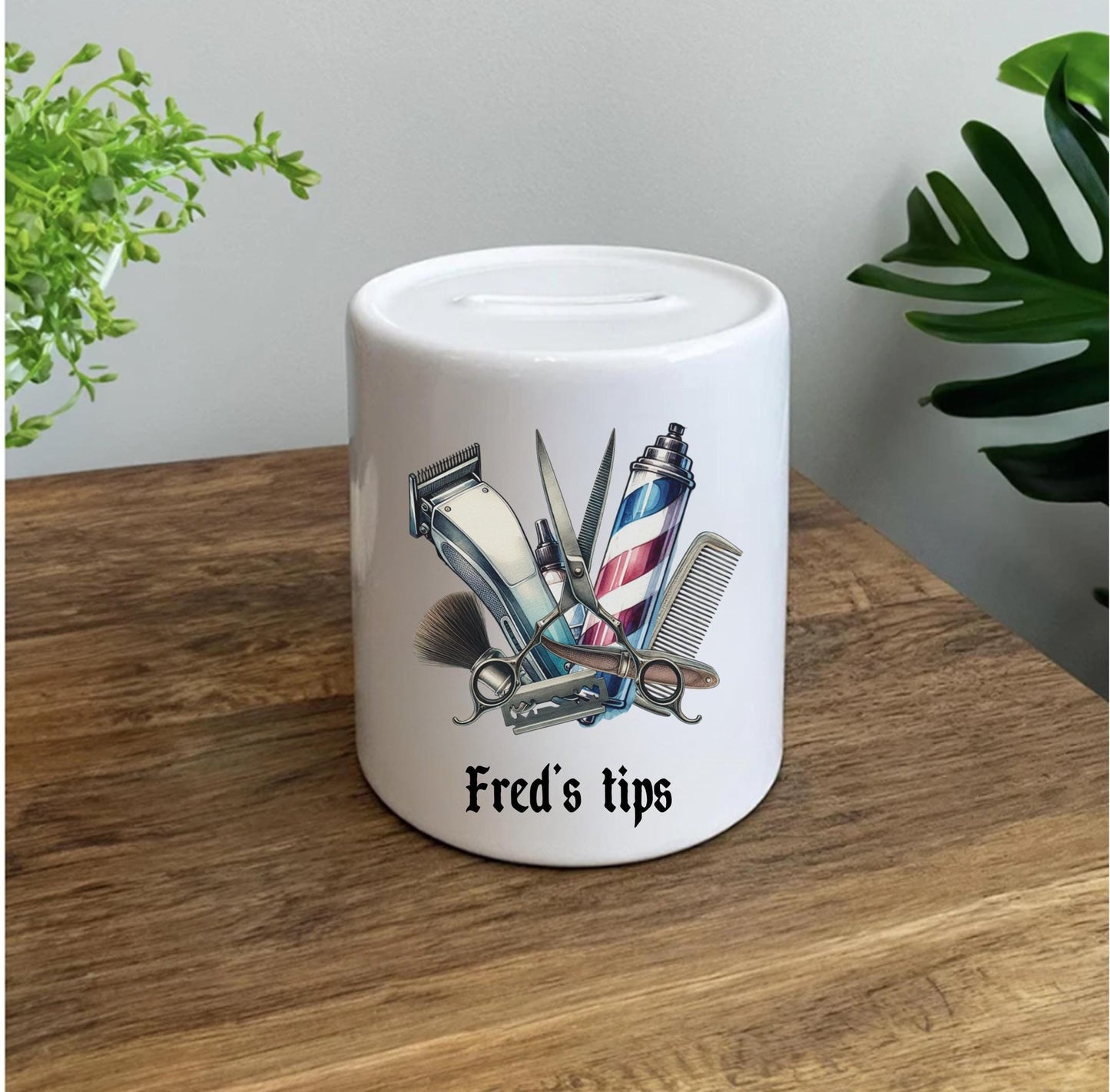 personalised Barber Tip Jar: Ceramic Barber Shop Savings Box