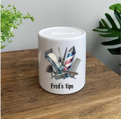 personalised Barber Tip Jar: Ceramic Barber Shop Savings Box