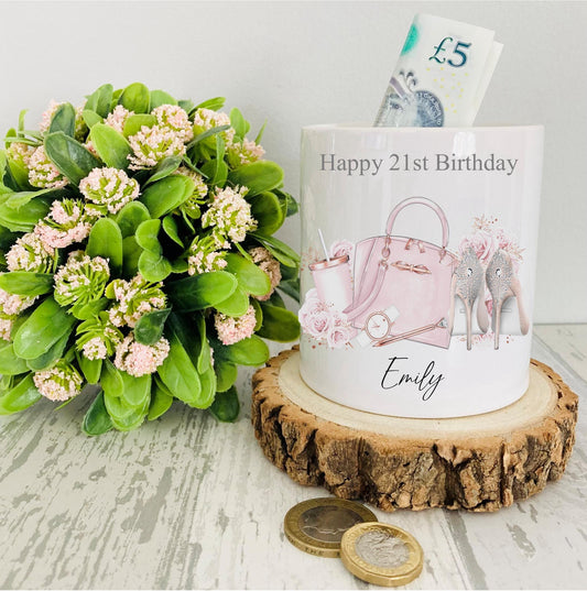 Personalised 21st Birthday ceramic Money Box with Pink Handbag & Heels Design