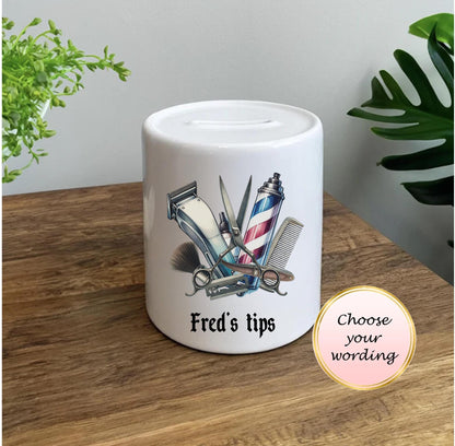 personalised Barber Tip Jar: Ceramic Barber Shop Savings Box