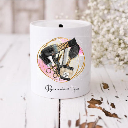 Personalised Hairdresser Tip Jar: Ceramic Moneybox for hairdresser, hairdressing gift, personalised salon decor
