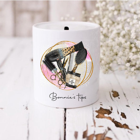 Personalised hairdresser's moneybox, Personalised tip jar, hairdresser's money box, Hairdresser's tips Jar, Gift for hairdresser