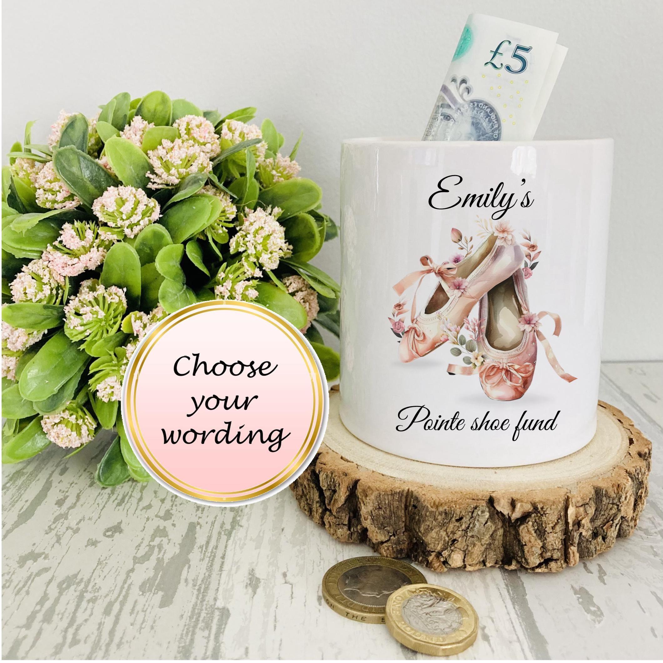 Personalised Ballerina moneybox, ballet shoes money box, pointe shoe fund, gifts for dancers