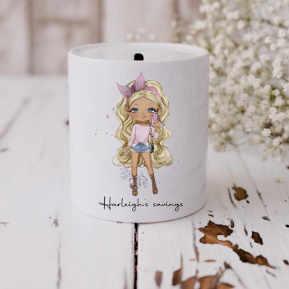 personalised Ceramic Money Box: Stylish Teen Girl Illustration