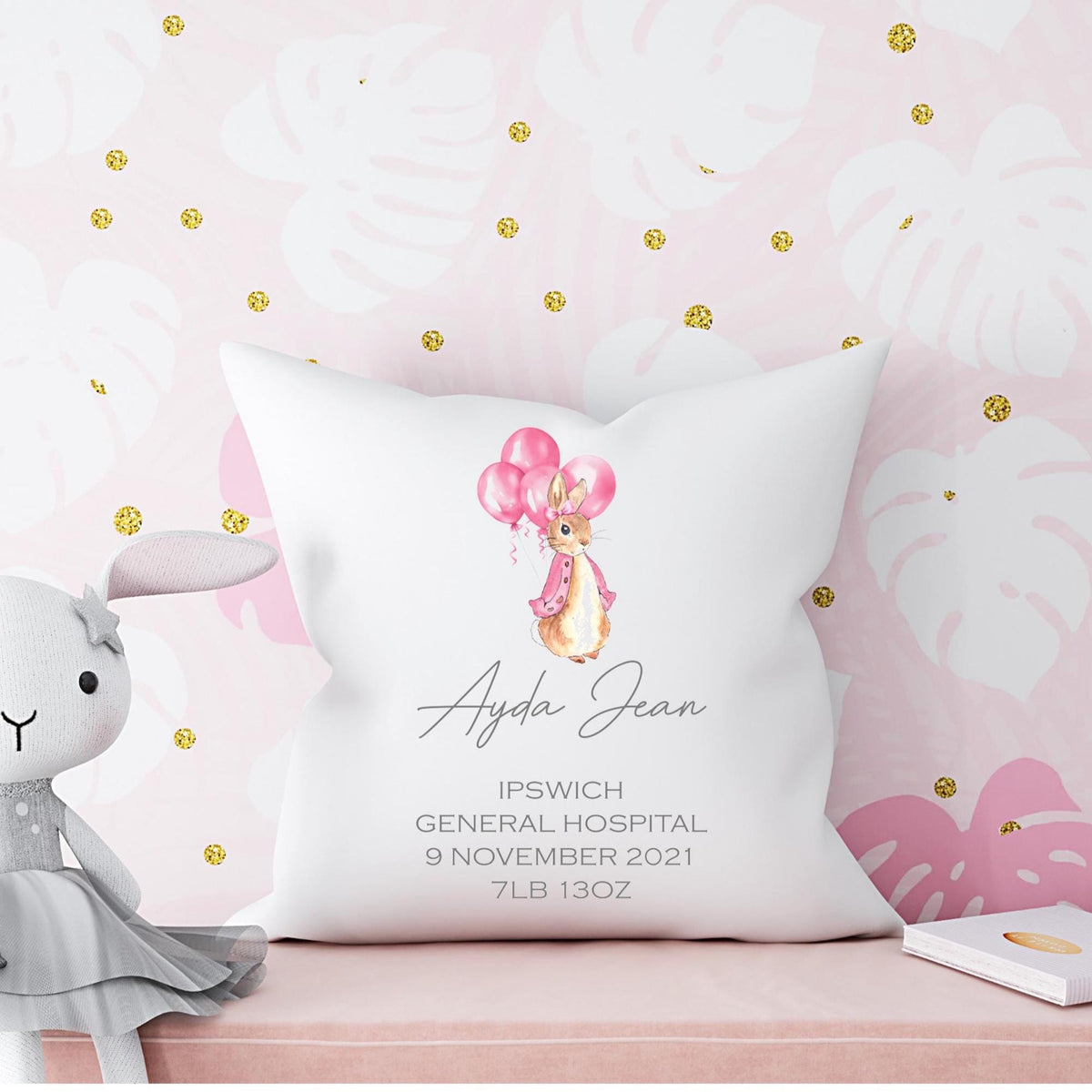 Personalised Flopsy Rabbit New Baby Girl Cushion