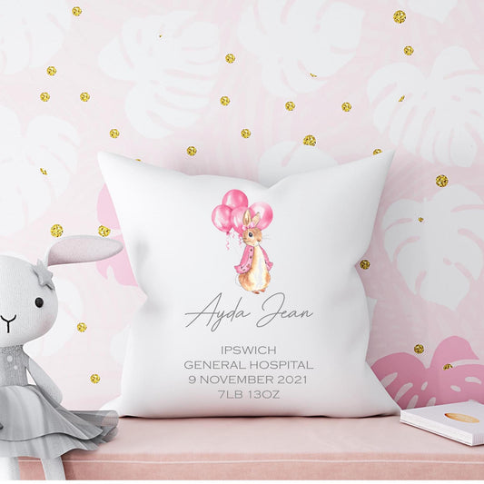 personalised Flopsy Rabbit New Baby Girl Cushion: Keepsake Nursery Decor