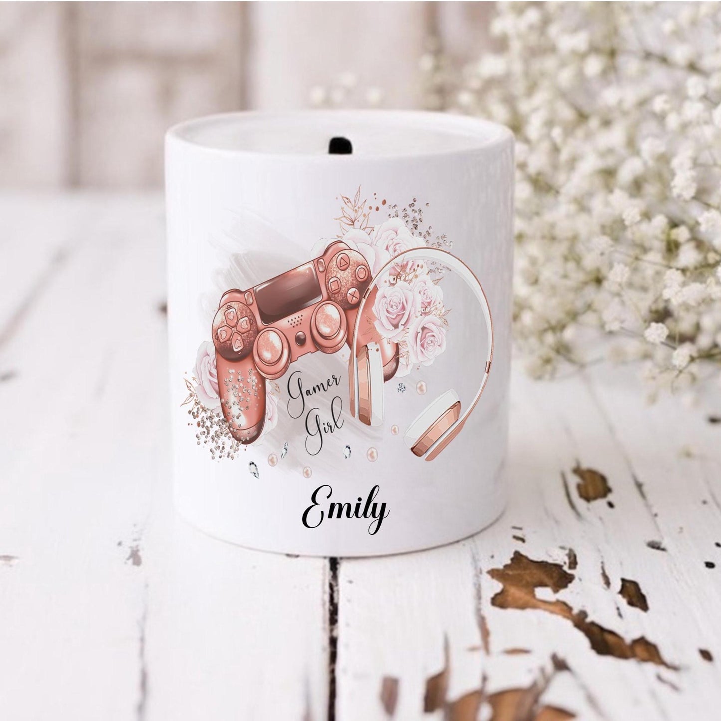personalised Gamer Girl Money Box: Rose Gold Floral Ceramic Coin Bank