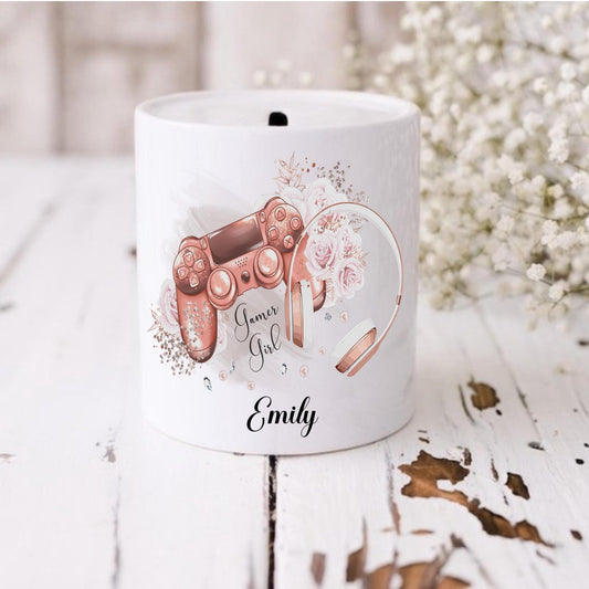 personalised Gamer Girl Money Box: Rose Gold Floral Ceramic Coin Bank