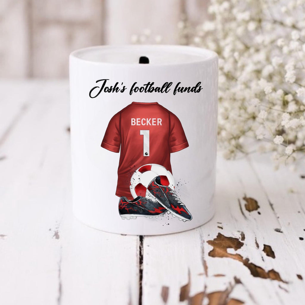 Personalised red football team money box, red football shirt piggy bank, football team colours money pot