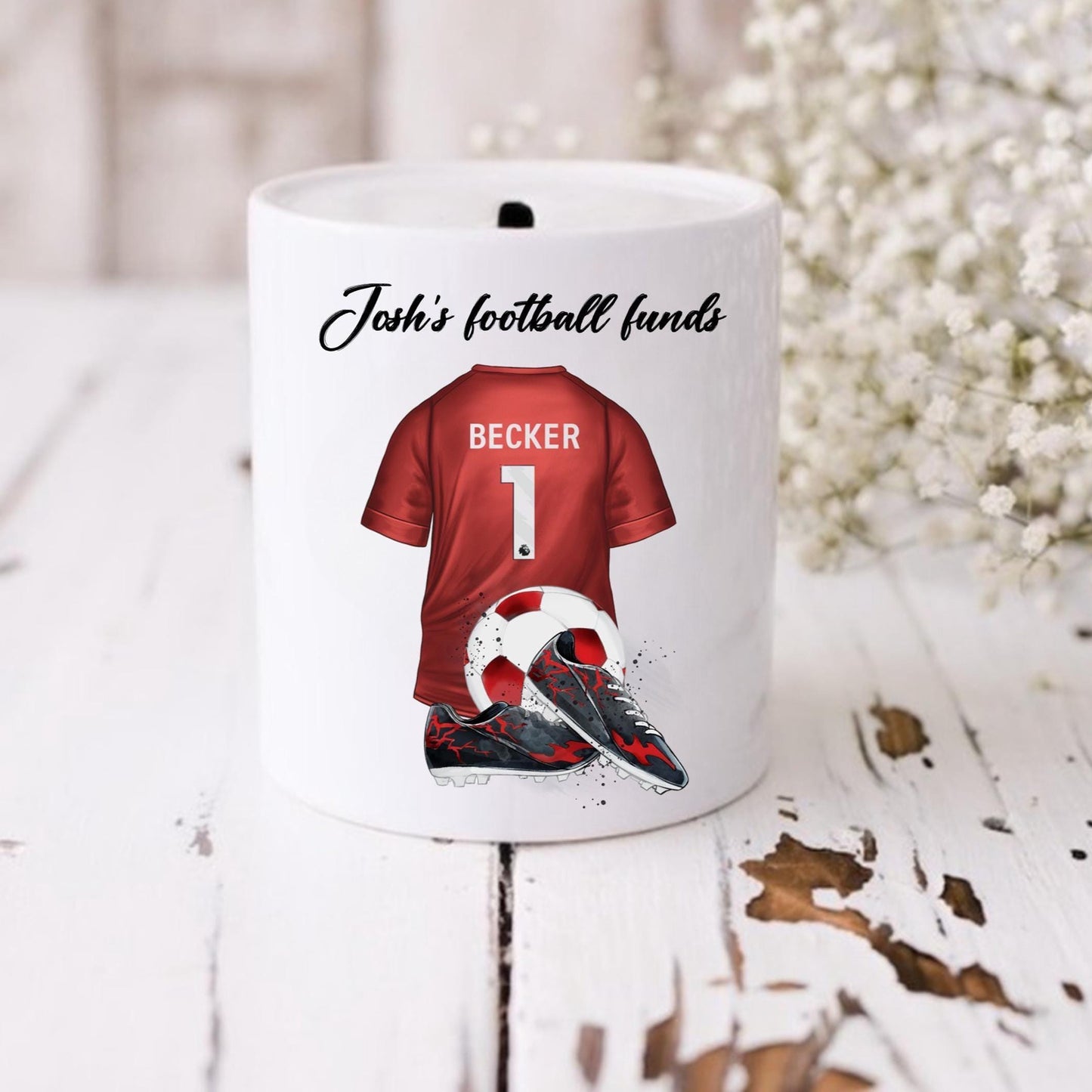 Personalised red football team money box, red football shirt piggy bank, football team colours money pot