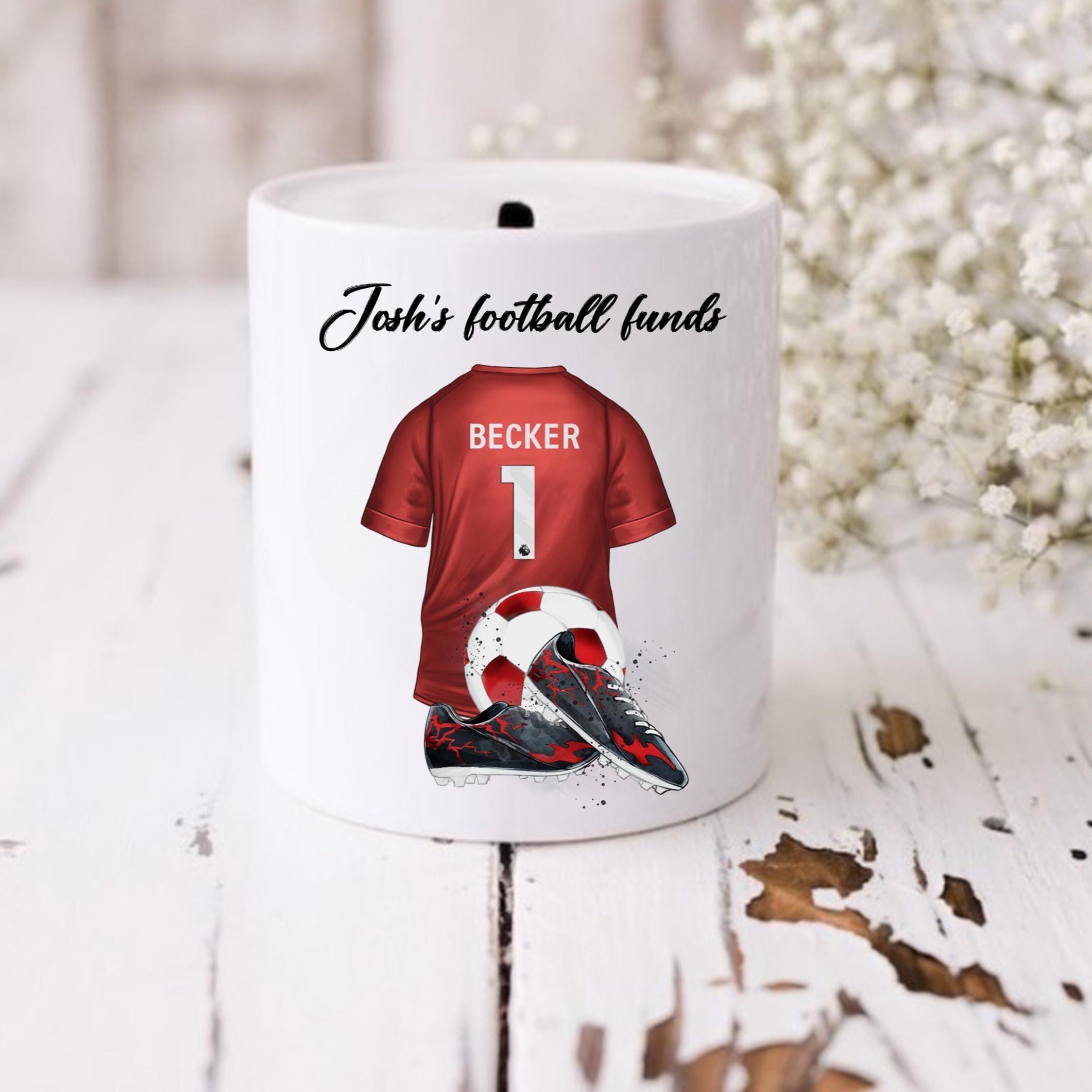 Personalised red football team money box, red football shirt piggy bank, football team colours money pot