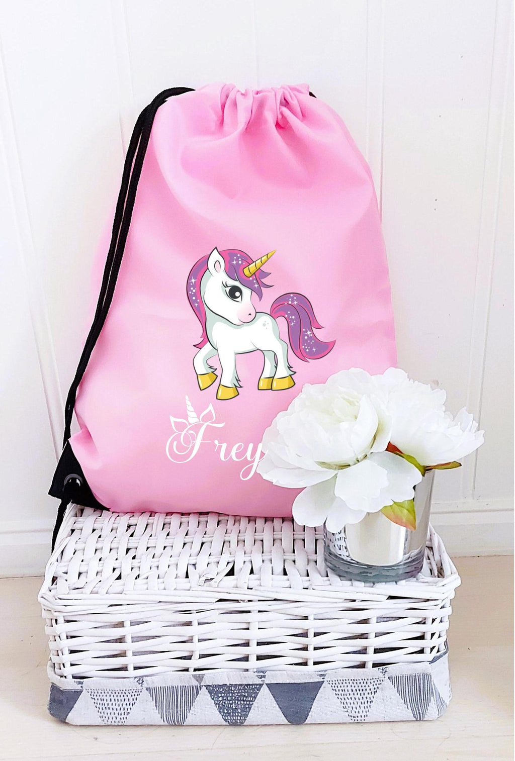 personalised Unicorn Drawstring Bag: Girls Gym, School PE Bag