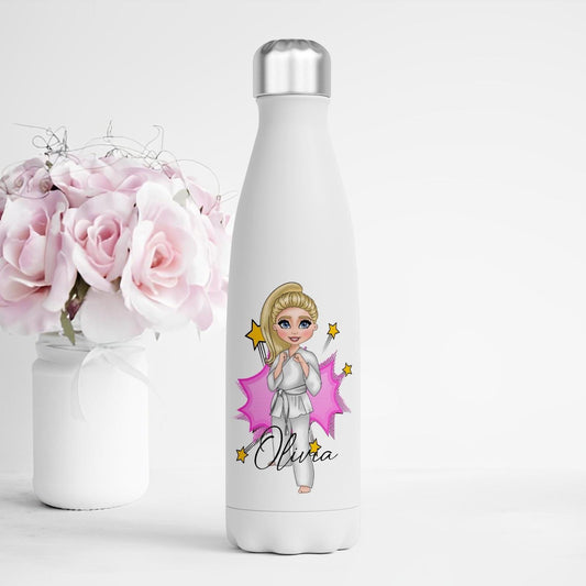 Personalised Karate Water Bottle – Cute Doll Character in Gi