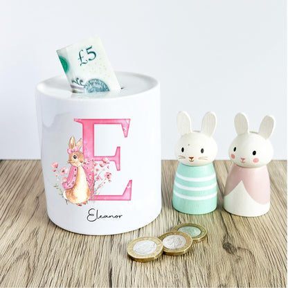Personalised Flopsy Rabbit Money Box: Ceramic Baby Keepsake