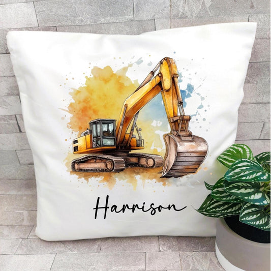 Personalised Digger Cushion: Kids Excavator Pillow, Construction Room Decor
