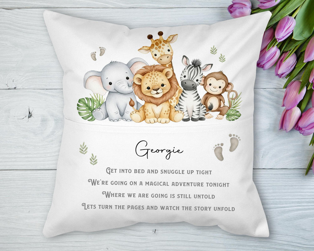 Personalised Safari Animal Bedtime Story Pillow: Custom Nursery Decor