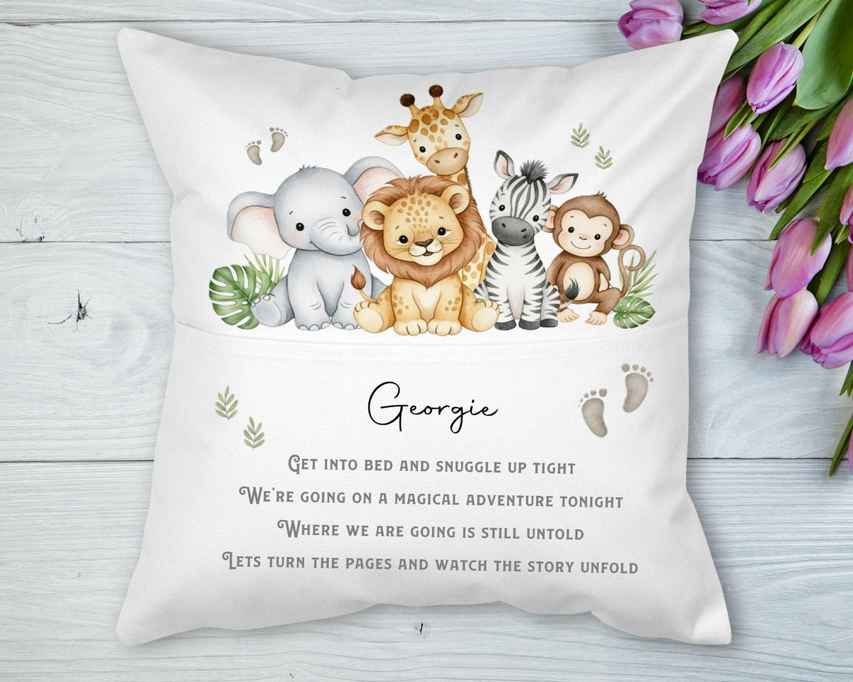 Personalised Safari Animal Bedtime Story Pillow: Custom Nursery Decor