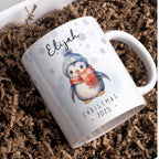 personalised Penguin Christmas Mug: Red Jumper, 11oz Ceramic