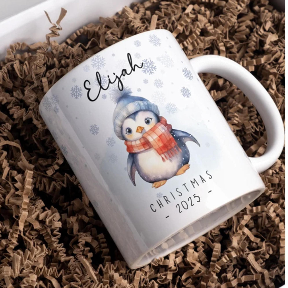 personalised Penguin Christmas Mug: Red Jumper, 11oz Ceramic