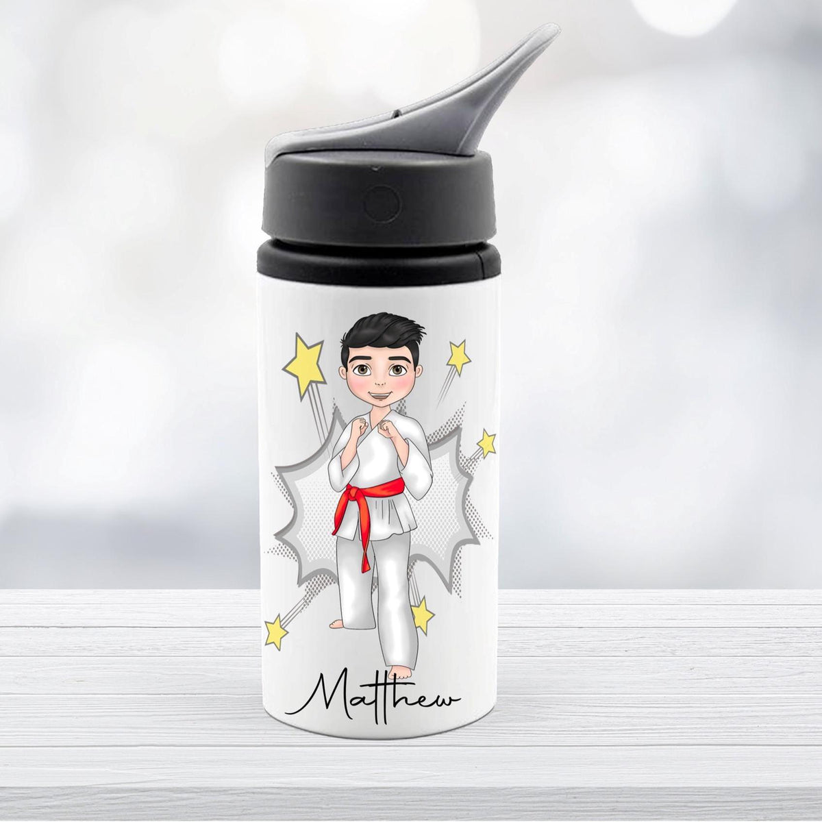 Personalised boy's Karate Water Bottle: Custom Hair, Eye & Belt Color