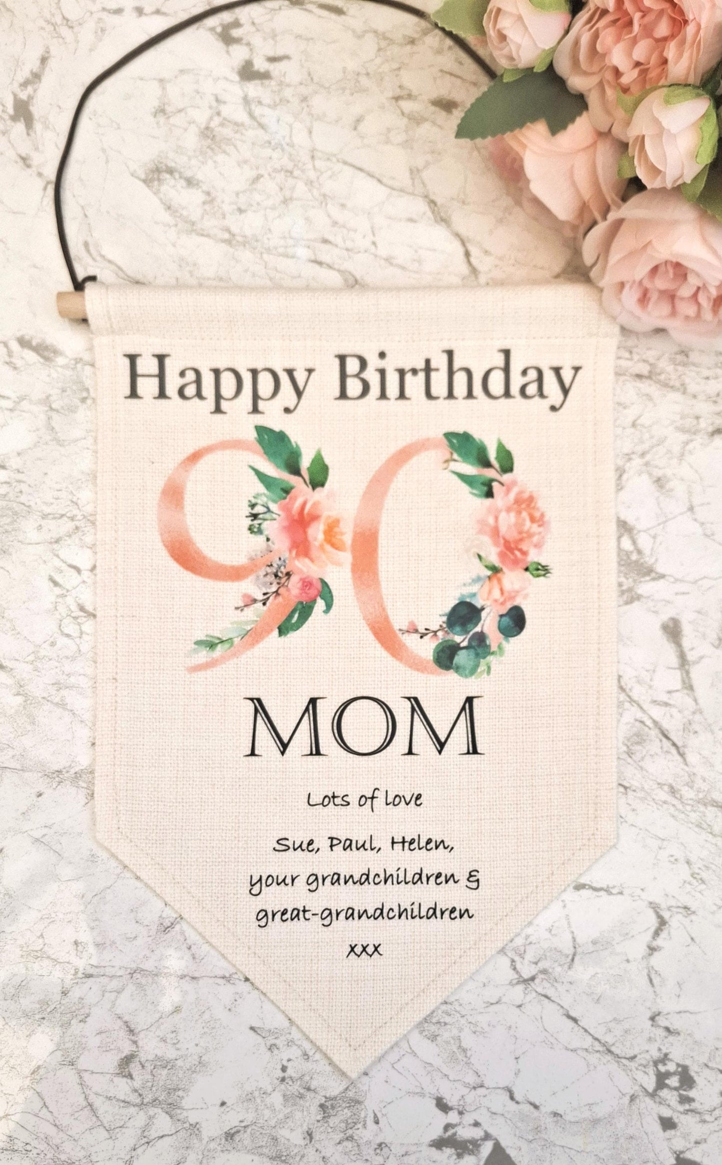 Personalised ladies' 90th birthday pennant flag, 90th birthday decor, 90th birthday gift for her