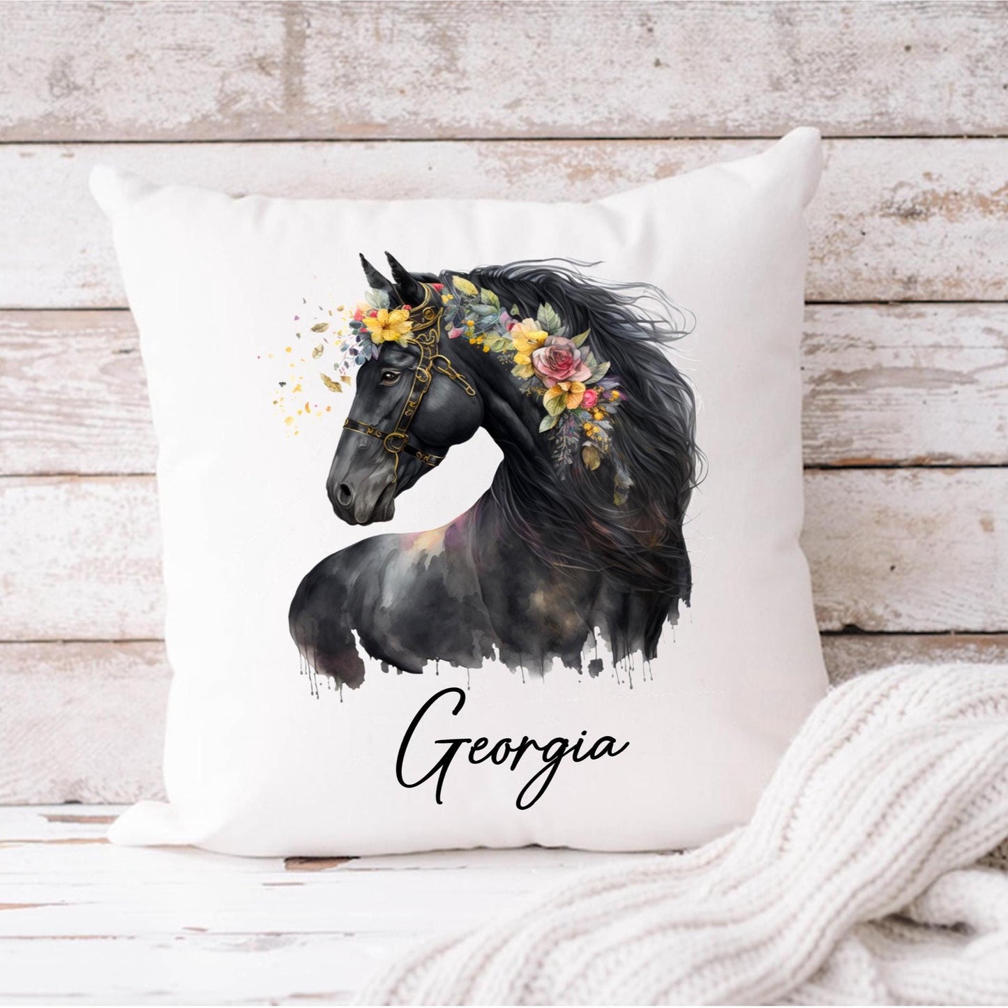Personalised Floral Horse Cushion: Equestrian Gift for Girls
