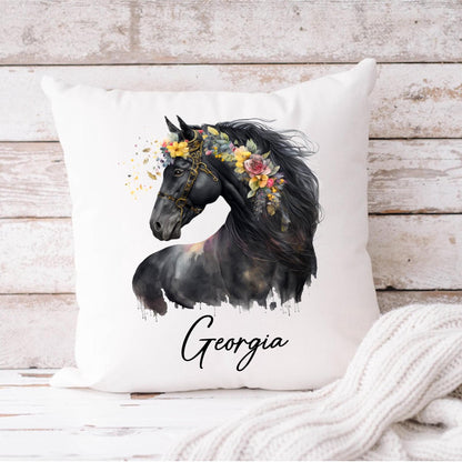 Personalised Floral Horse Cushion: Equestrian Gift for Girls