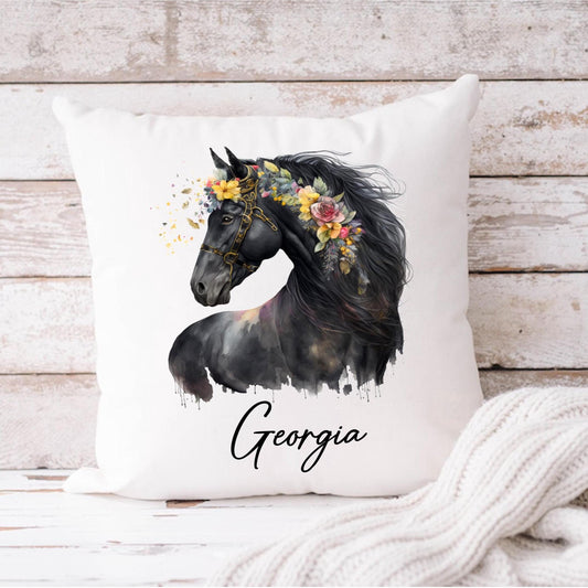 Personalised Floral Horse Cushion: Equestrian Gift for Girls