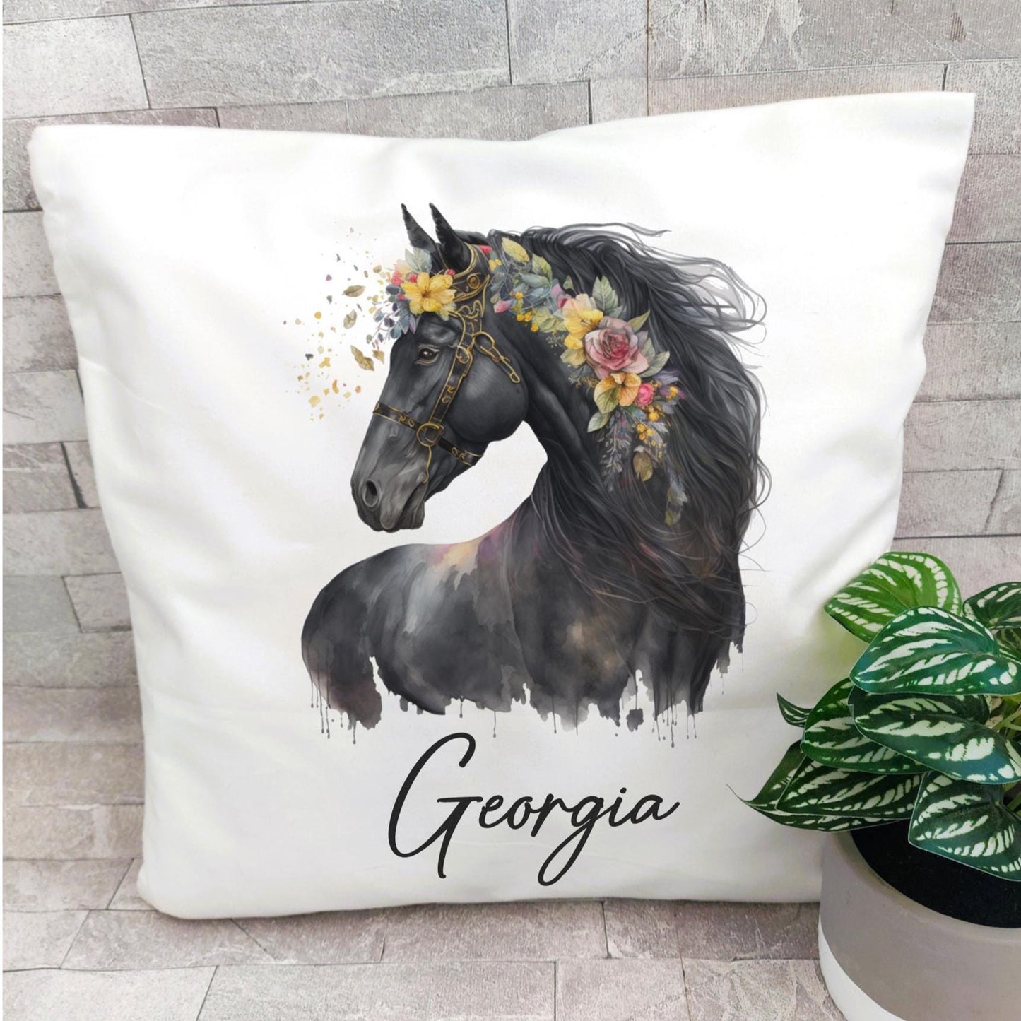 Personalised Floral Horse Cushion: Equestrian Gift for Girls