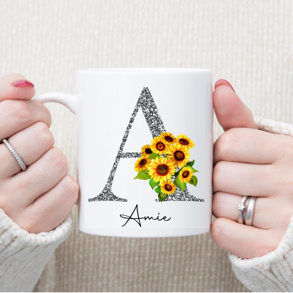 Personalised Sunflower Initial Mug: Gift for Mum