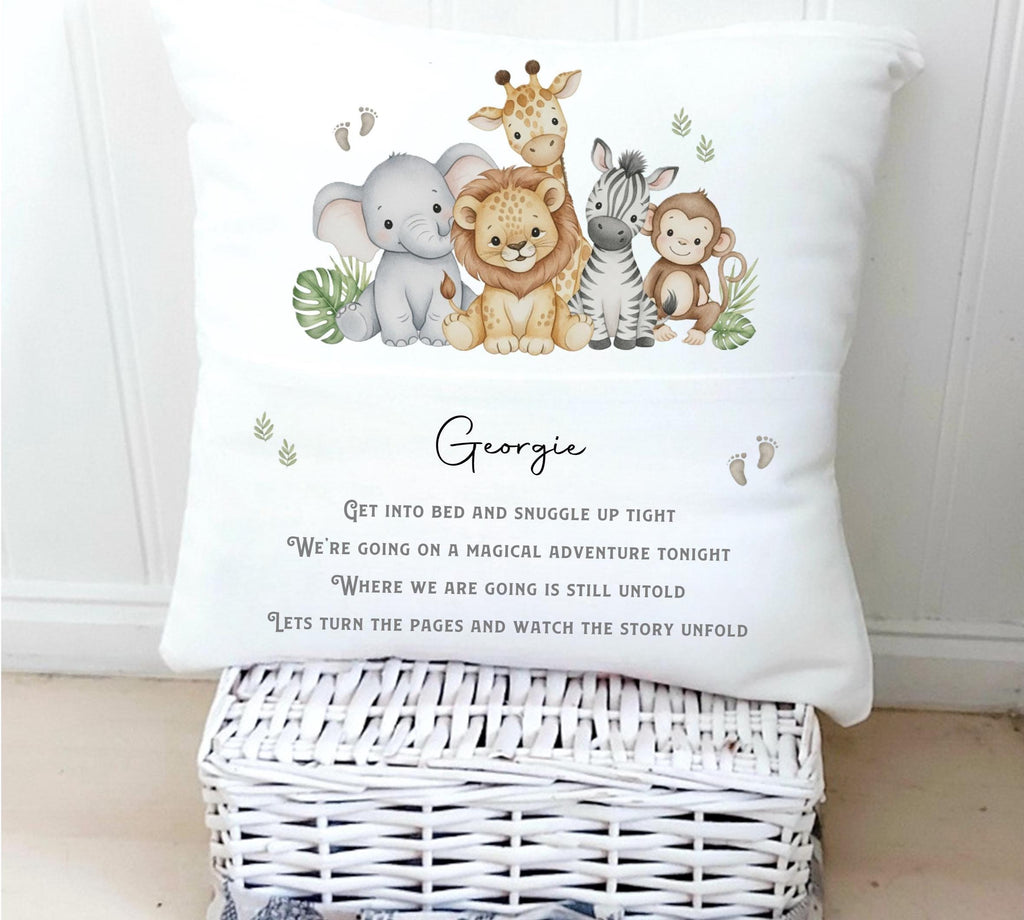 Personalised Safari Animal Bedtime Story Pillow: Custom Nursery Decor