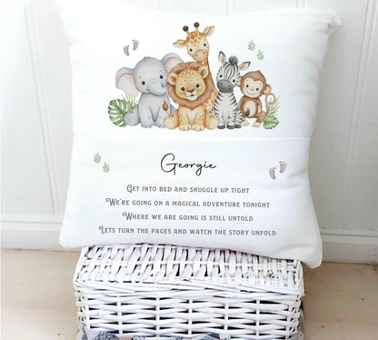 Personalised Safari Animal Bedtime Story Pillow: Custom Nursery Decor