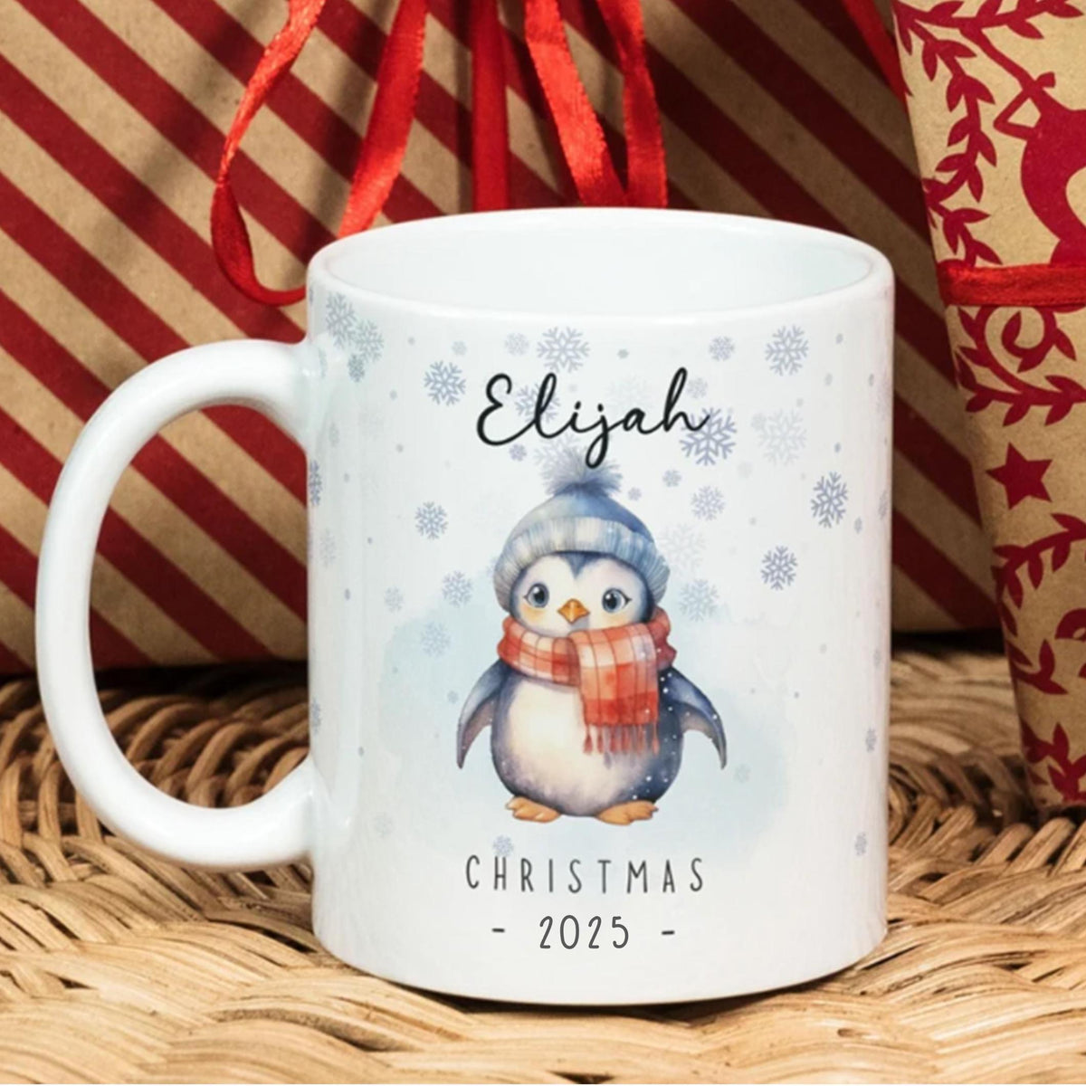 personalised Penguin Christmas Mug: Red Jumper, 11oz Ceramic