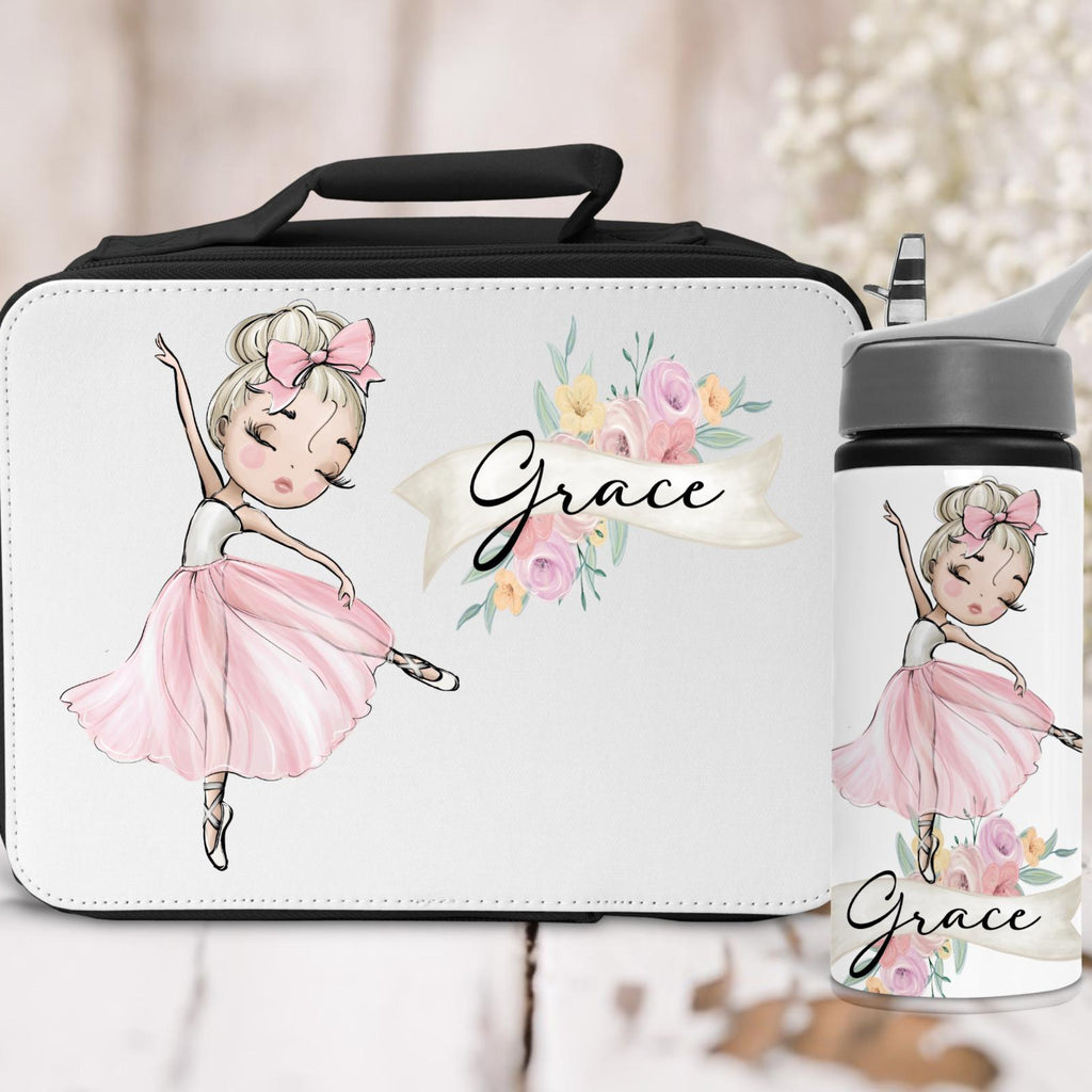 Lunch bag and water bottle set with a ballerina design and 'Grace' text on a light background.